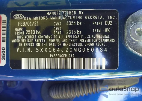 2021 Kia K5 Gt-Line z USA, uszkodzony, nr VIN 5XXG64J20MG060384